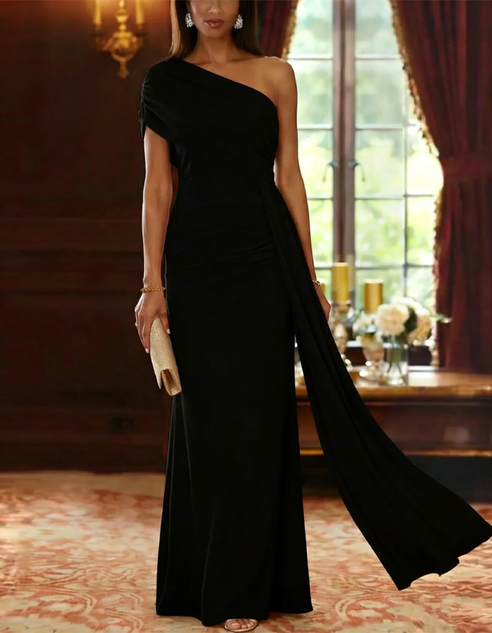 Solid Color Draped One Shoulder Mermaid Maxi Dress