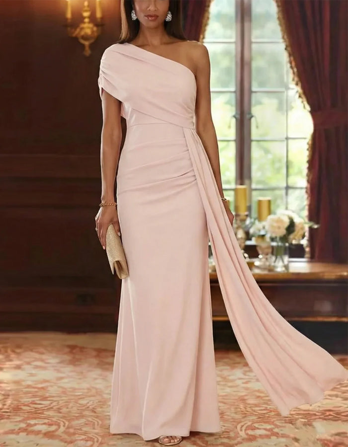 Solid Color Draped One Shoulder Mermaid Maxi Dress