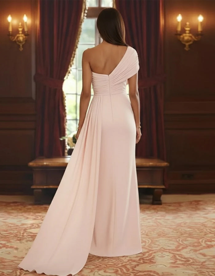 Solid Color Draped One Shoulder Mermaid Maxi Dress