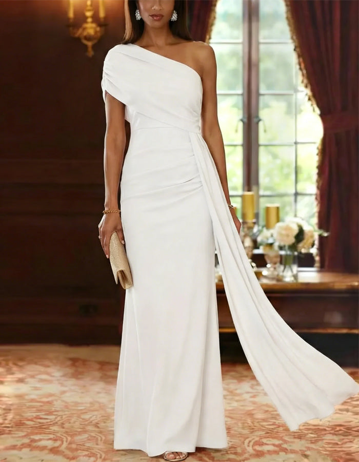 Solid Color Draped One Shoulder Mermaid Maxi Dress