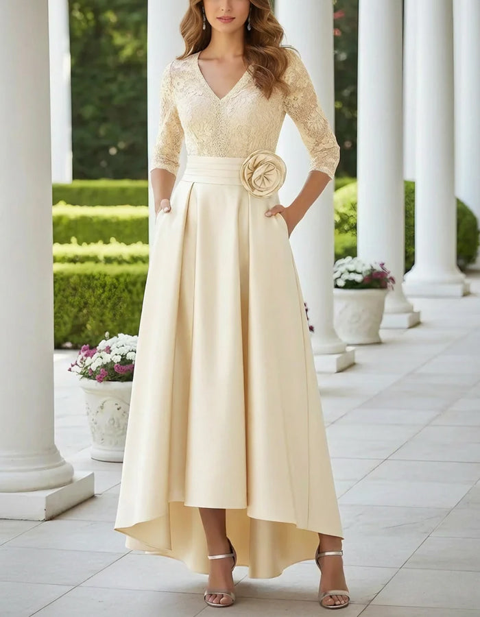 Solid Color Lace Trimmed Satin Dress With 3D Floral Embellishments Maxi Dress