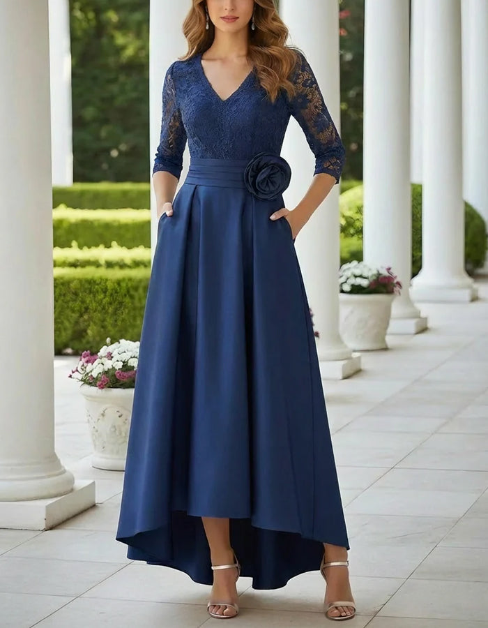 Solid Color Lace Trimmed Satin Dress With 3D Floral Embellishments Maxi Dress