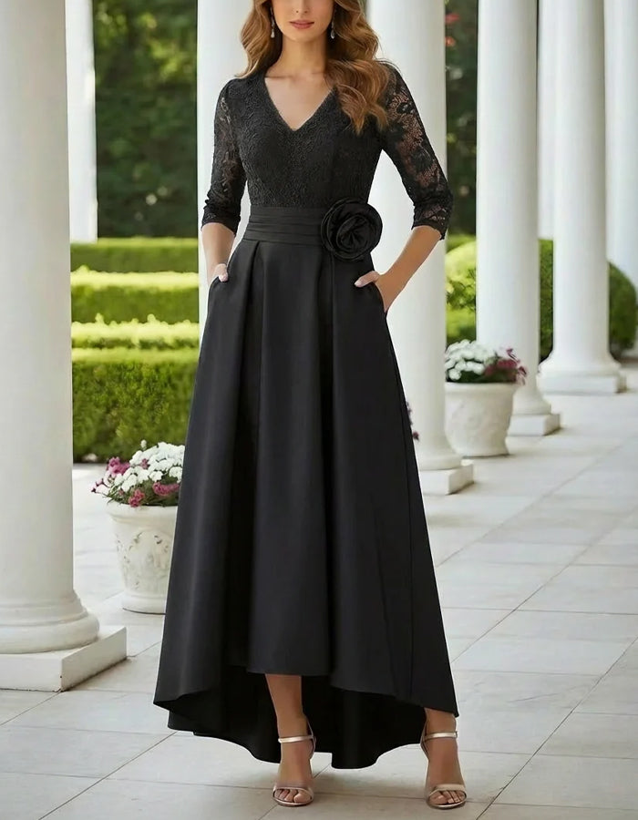 Solid Color Lace Trimmed Satin Dress With 3D Floral Embellishments Maxi Dress