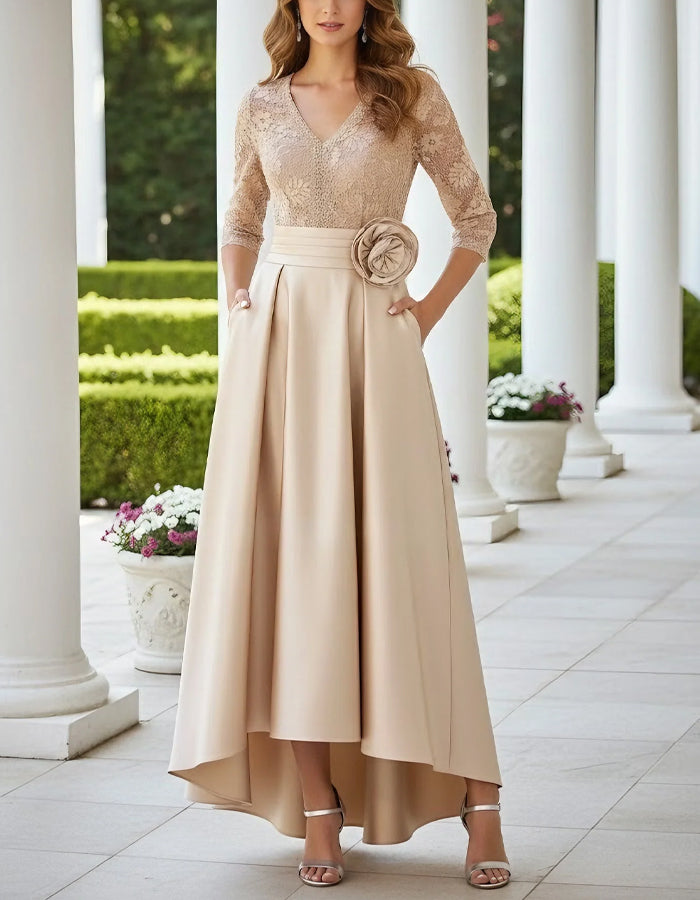 Solid Color Lace Trimmed Satin Dress With 3D Floral Embellishments Maxi Dress