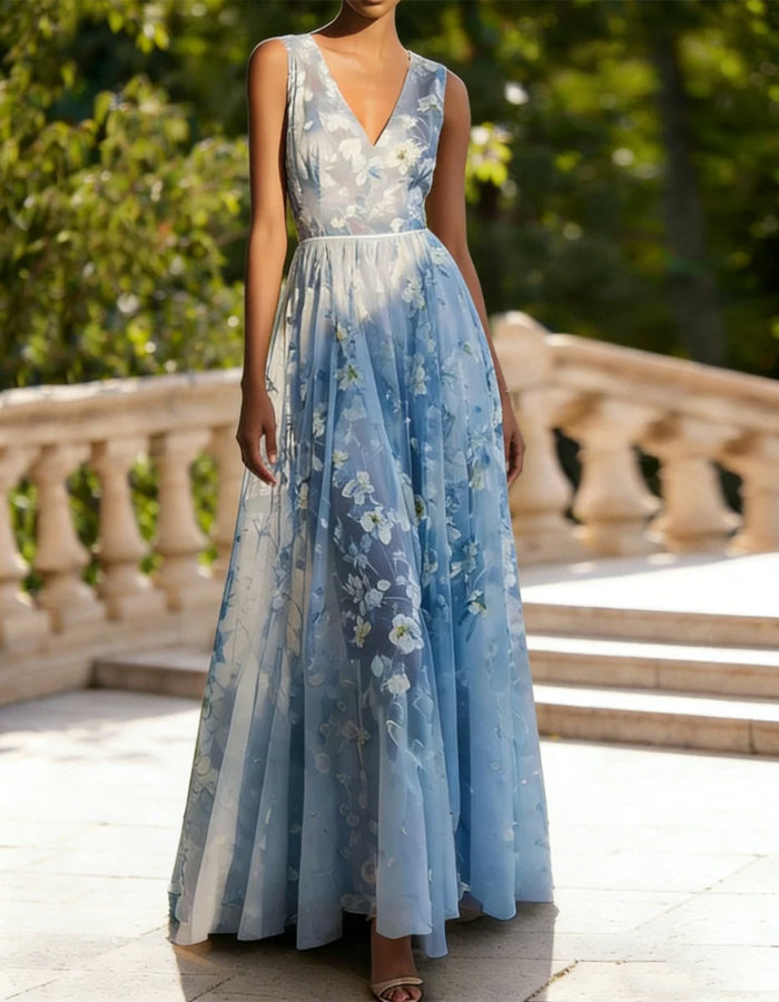 Blue Chiffon Printed V-neck Sleeveless Full Maxi Dress