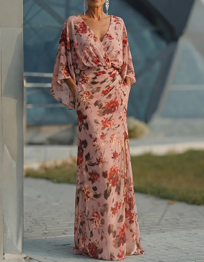 Pink Floral Chiffon Batwing Sleeve Pleated Maxi Dress