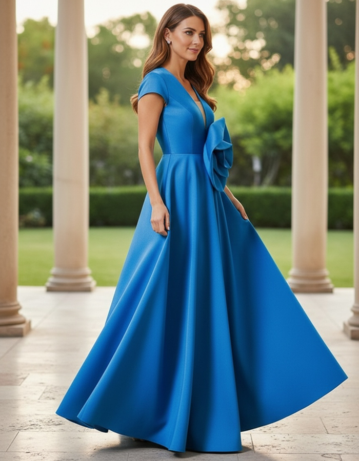 Satin 3D Floral V-Neck A-Line Maxi Dress