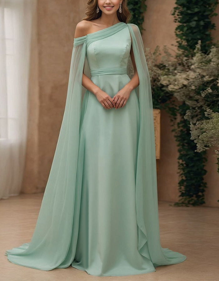 Mint Green Satin Chiffon Cape Maxi Dress