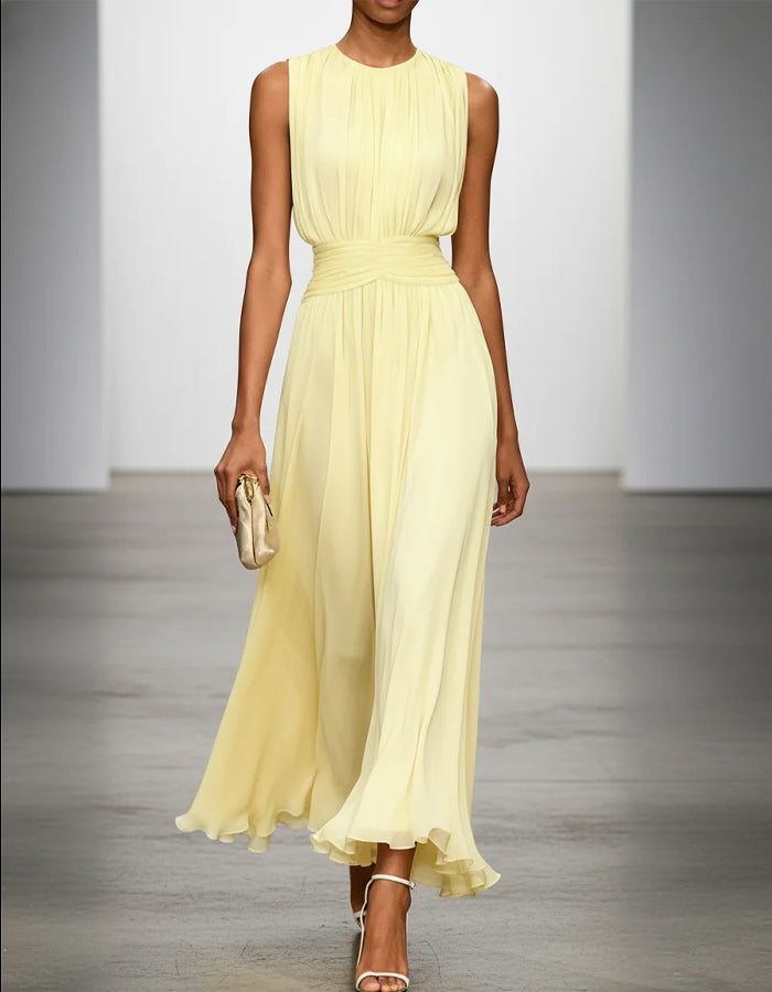 Yellow Flowing Chiffon Sleeveless Design With A Cinched Waist Maxi Dress