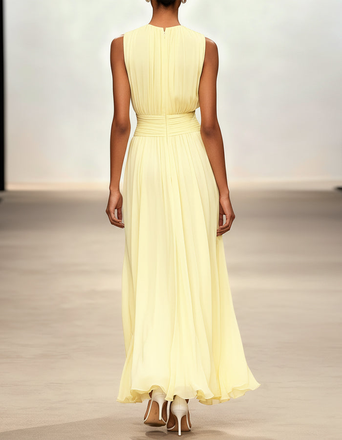 Yellow Flowing Chiffon Sleeveless Design With A Cinched Waist Maxi Dress