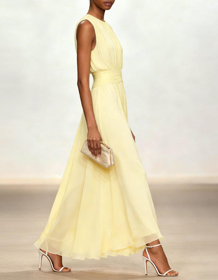 Yellow Flowing Chiffon Sleeveless Design With A Cinched Waist Maxi Dress