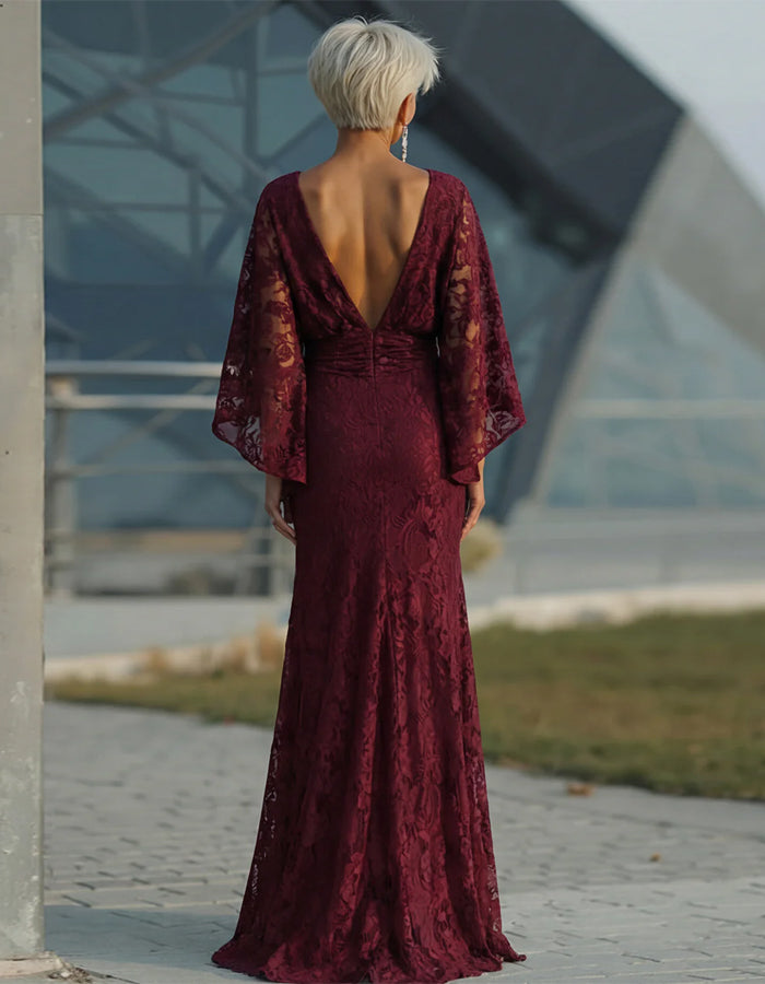 Burgundy Lace Batwing Sleeves With A Cinched Waist Maxi Dress