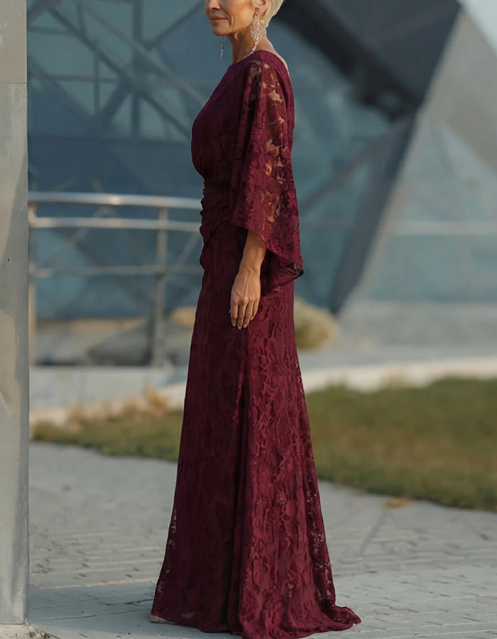 Burgundy Lace Batwing Sleeves With A Cinched Waist Maxi Dress