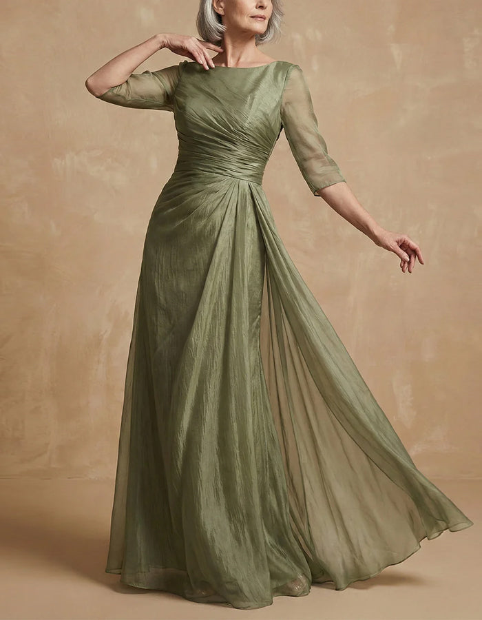 Olive Green Textured Chiffon Waist Cinching Maxi Dress
