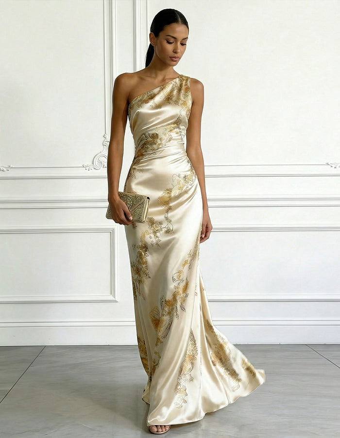 Champagne Colored Printed Satin One Shoulder Fishtail Maxi Dress