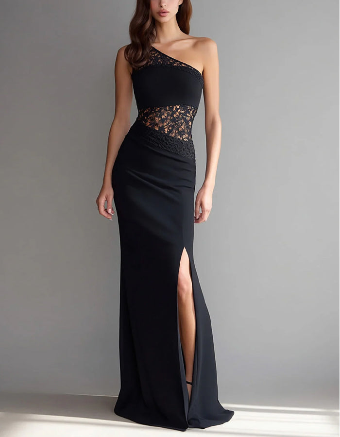 Black Lace Trimmed One Shoulder Slit Maxi Dress