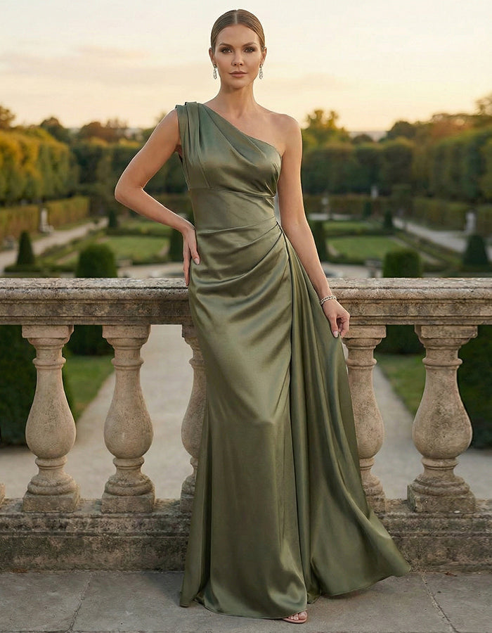 Olive Green Satin One Shoulder Pleated Maxi Dress