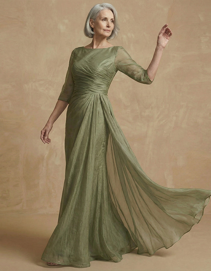 Olive Green Textured Chiffon Waist Cinching Maxi Dress