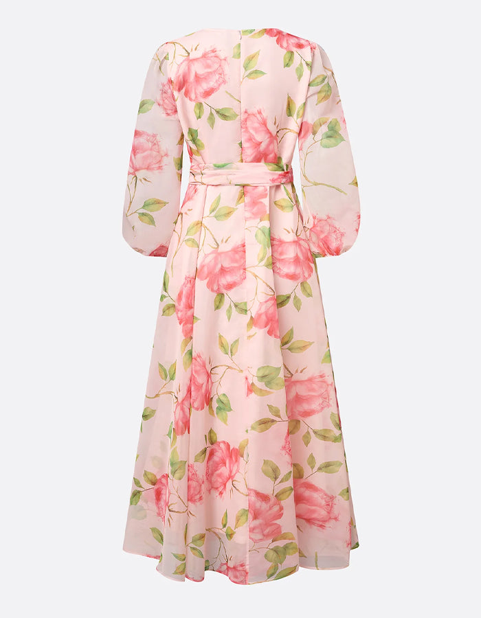 Vestido Maxi Chifón Mangas Largas Estampado Rosas Rosa Claro
