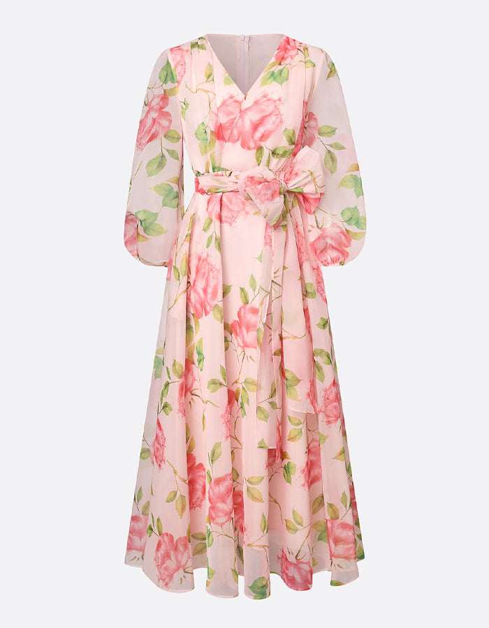Vestido Maxi Chifón Mangas Largas Estampado Rosas Rosa Claro