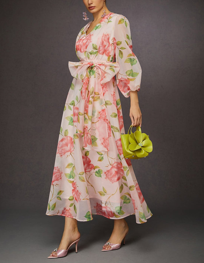 Light Pink Rose Print Chiffon Long Sleeves Maxi Dress