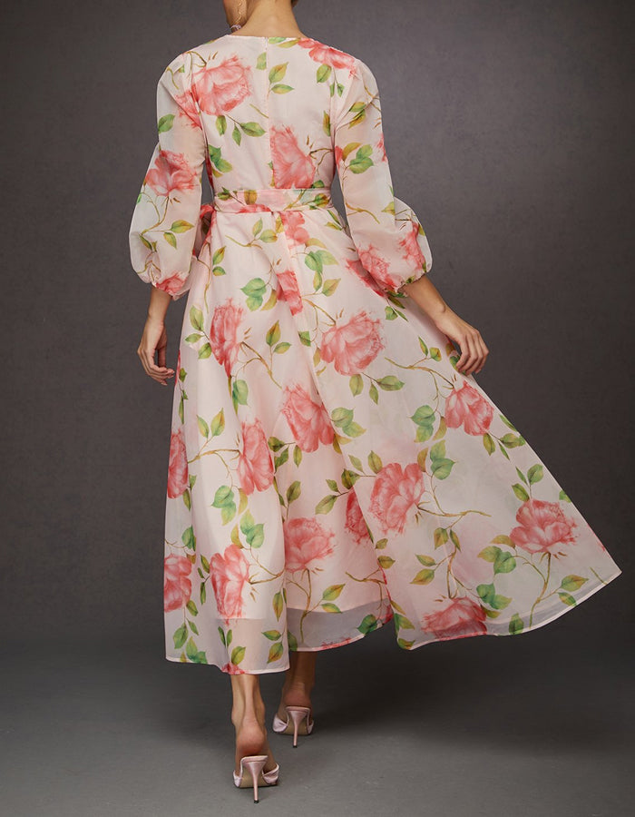 Vestido Maxi Chifón Mangas Largas Estampado Rosas Rosa Claro