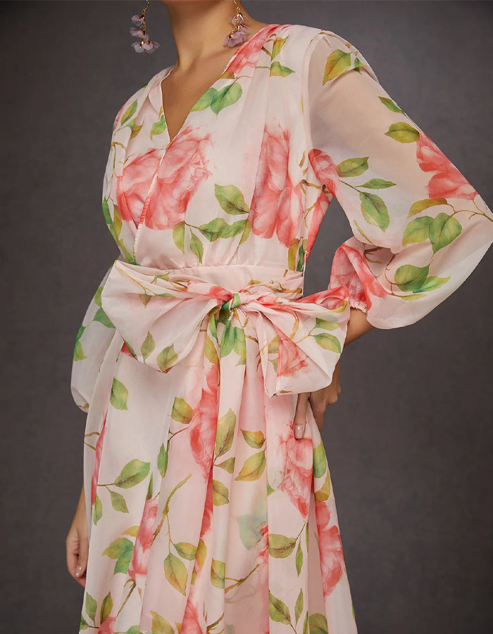 Vestido Maxi Chifón Mangas Largas Estampado Rosas Rosa Claro
