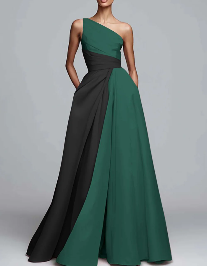 Two-Tone One-Shoulder Draped Maxi Dress