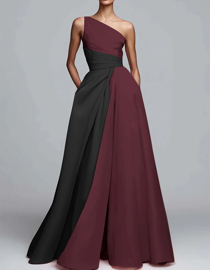 Two-Tone One-Shoulder Draped Maxi Dress