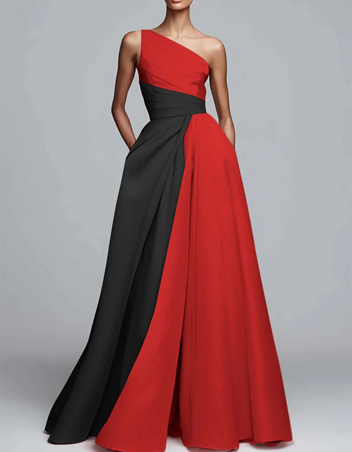 Two-Tone One-Shoulder Draped Maxi Dress