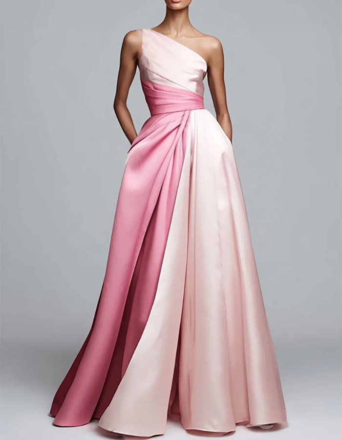 Two-Tone One-Shoulder Draped Maxi Dress