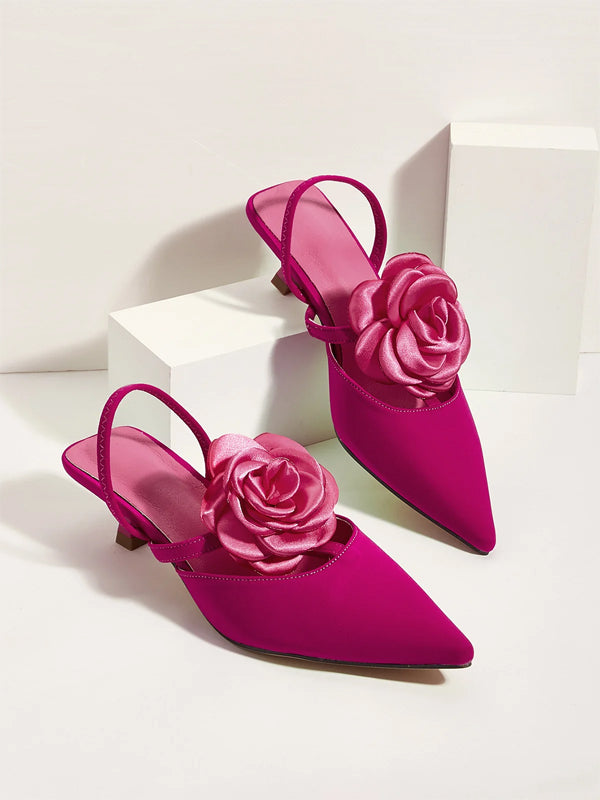Solid Color Pointed Toe Stiletto Heels With Floral Embellishments