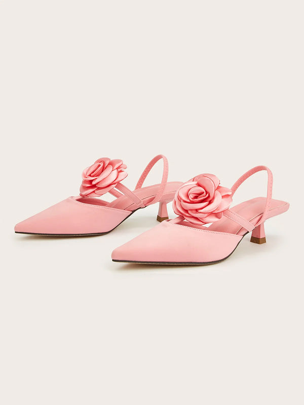 Solid Color Pointed Toe Stiletto Heels With Floral Embellishments