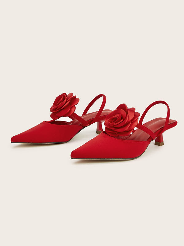 Solid Color Pointed Toe Stiletto Heels With Floral Embellishments