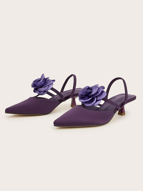 Solid Color Pointed Toe Stiletto Heels With Floral Embellishments