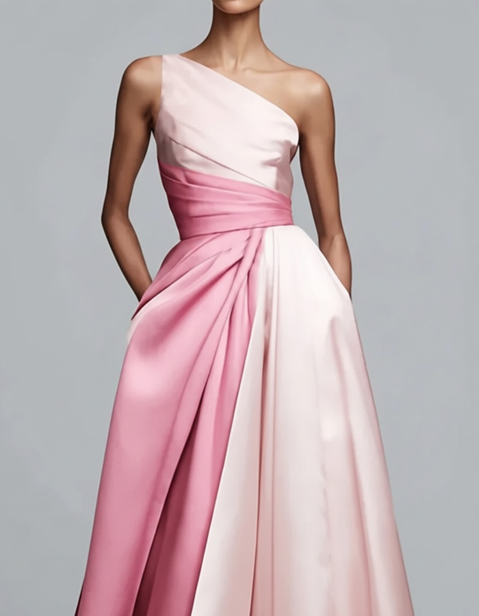 Two-Tone One-Shoulder Draped Maxi Dress