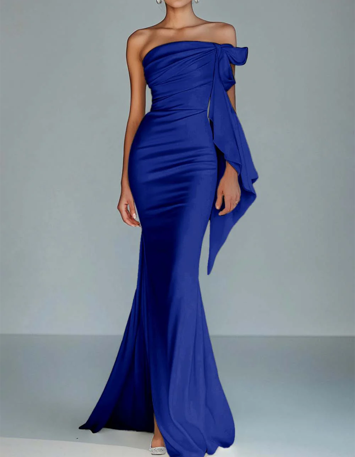 Vestido largo de satén con lazo de un solo hombro estilo sirena