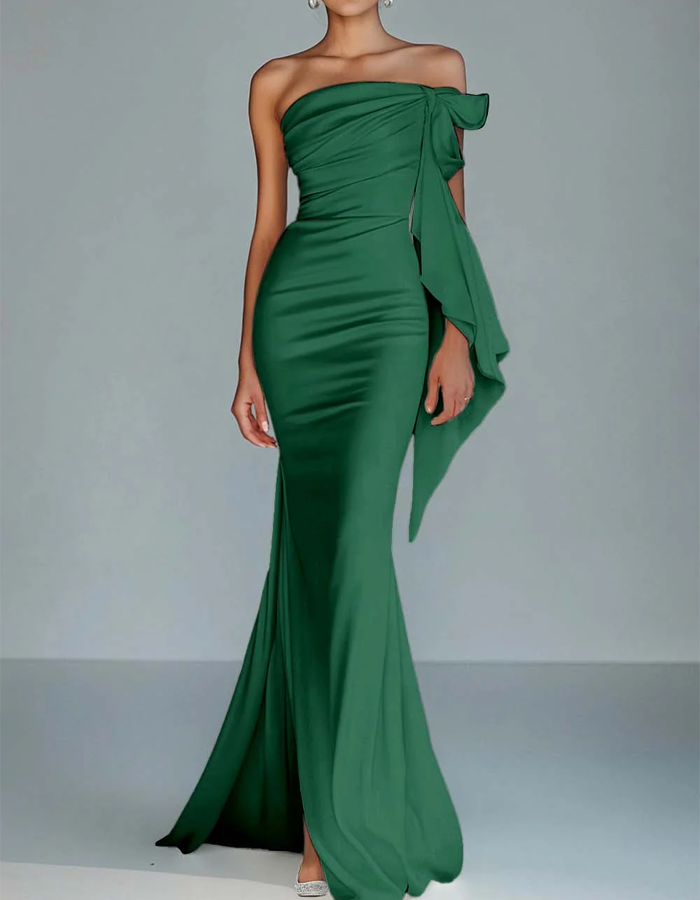 Vestido largo de satén con lazo de un solo hombro estilo sirena
