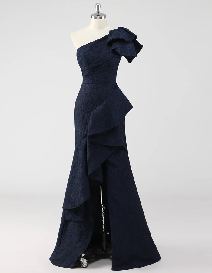 One-Shoulder Ruffled Jacquard Mermaid Maxi Dress