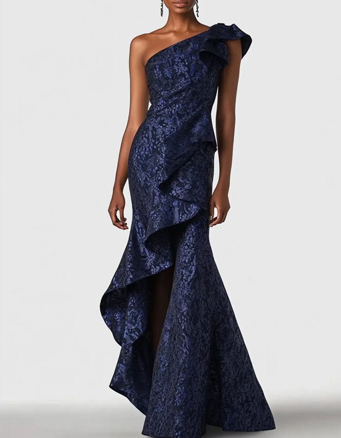One-Shoulder Ruffled Jacquard Mermaid Maxi Dress