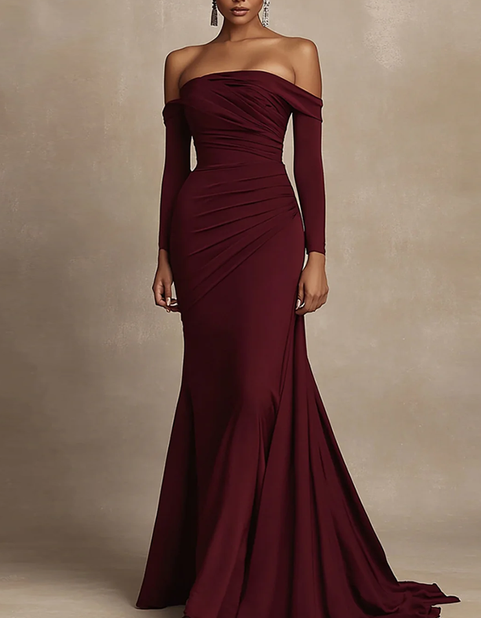 Vestido largo maxi con volantes, manga larga y hombros descubiertos