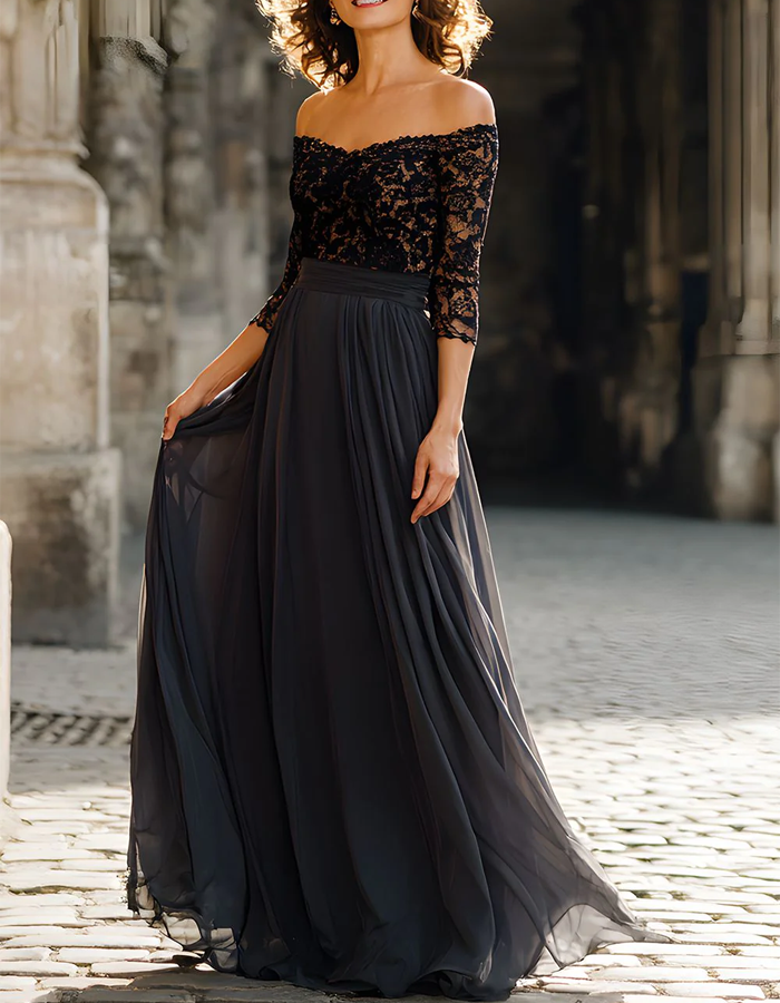 Off-the-Shoulder Lace Chiffon A-Line Maxi Dress
