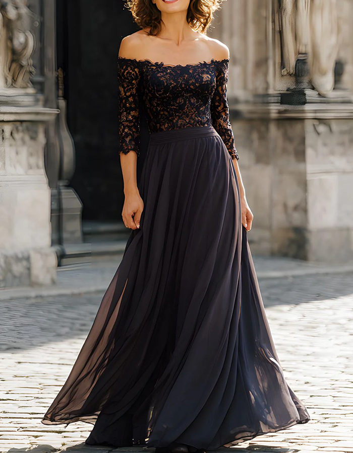 Off-the-Shoulder Lace Chiffon A-Line Maxi Dress