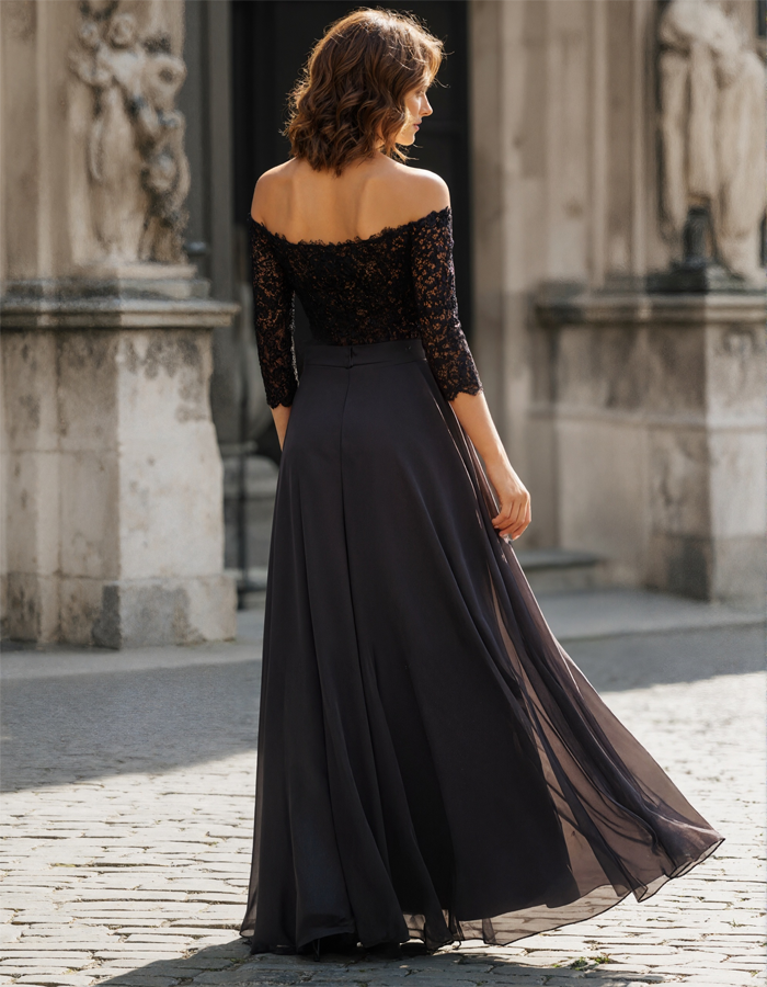 Off-the-Shoulder Lace Chiffon A-Line Maxi Dress