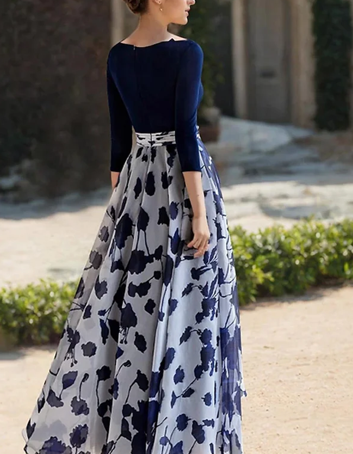 V-Neck Printed Chiffon A-Line Maxi Dress