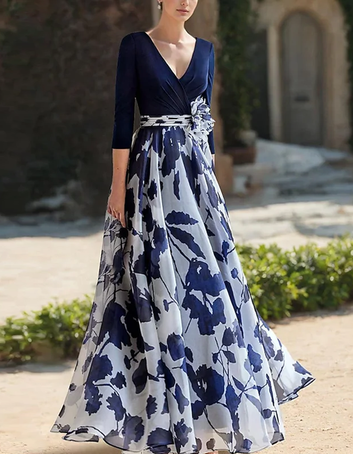 V-Neck Printed Chiffon A-Line Maxi Dress