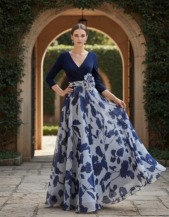 V-Neck Printed Chiffon A-Line Maxi Dress