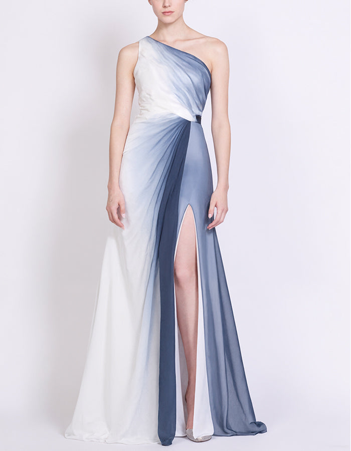 Blue Gradient Chiffon One Shoulder Slit Maxi Dress