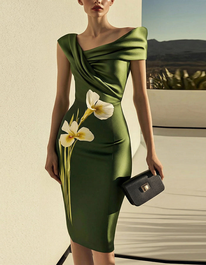 Green Iris Print Satin Pencil Skirt With A Cinched Waist Midi Dress