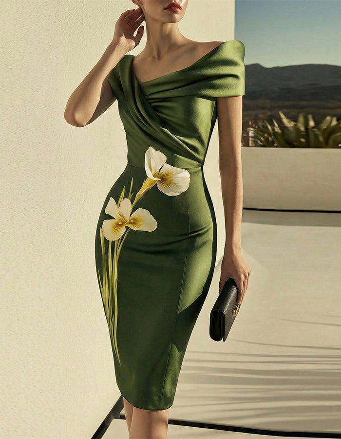 Green Iris Print Satin Pencil Skirt With A Cinched Waist Midi Dress